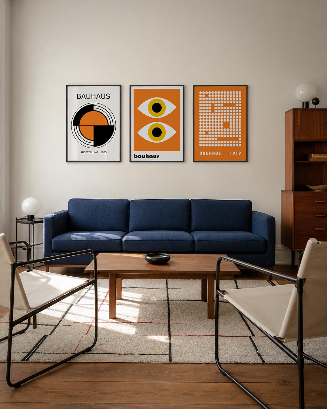 Cirkel en vlakken driedelige posterset – deze posterset in drie delen toont een dynamisch lijnenspel met een oranje cirkel en