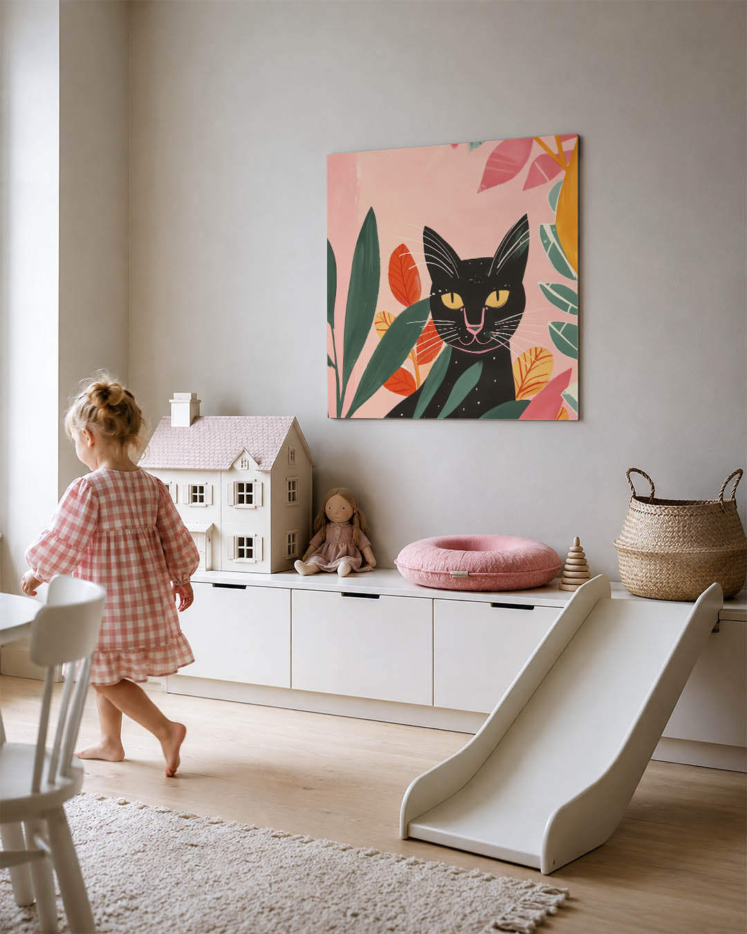 Kleurrijke kat en bladeren kunstwerk – tweede productweergave – dit kunstwerk toont een zwarte kat omringd door kleurrijke