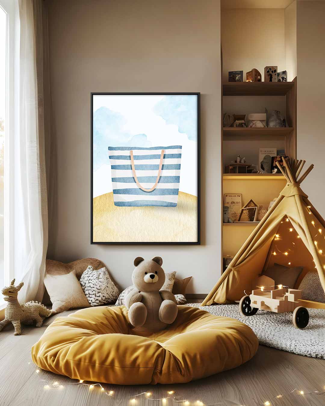 Strandtas Illustratie – dibond wanddecoratie in staand formaat