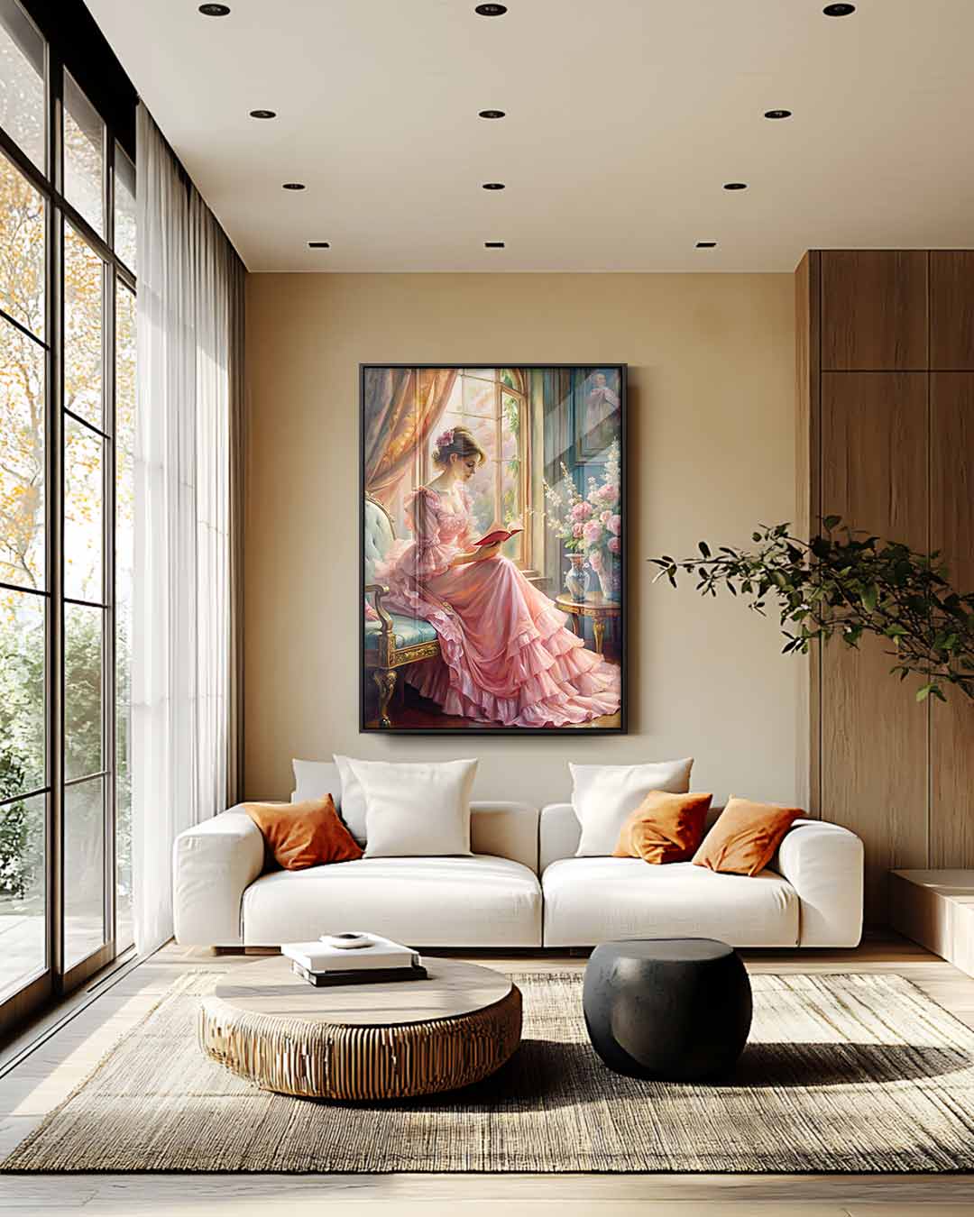 Romantische Lezer bij het Raam – plexiglas wanddecoratie in portret formaat