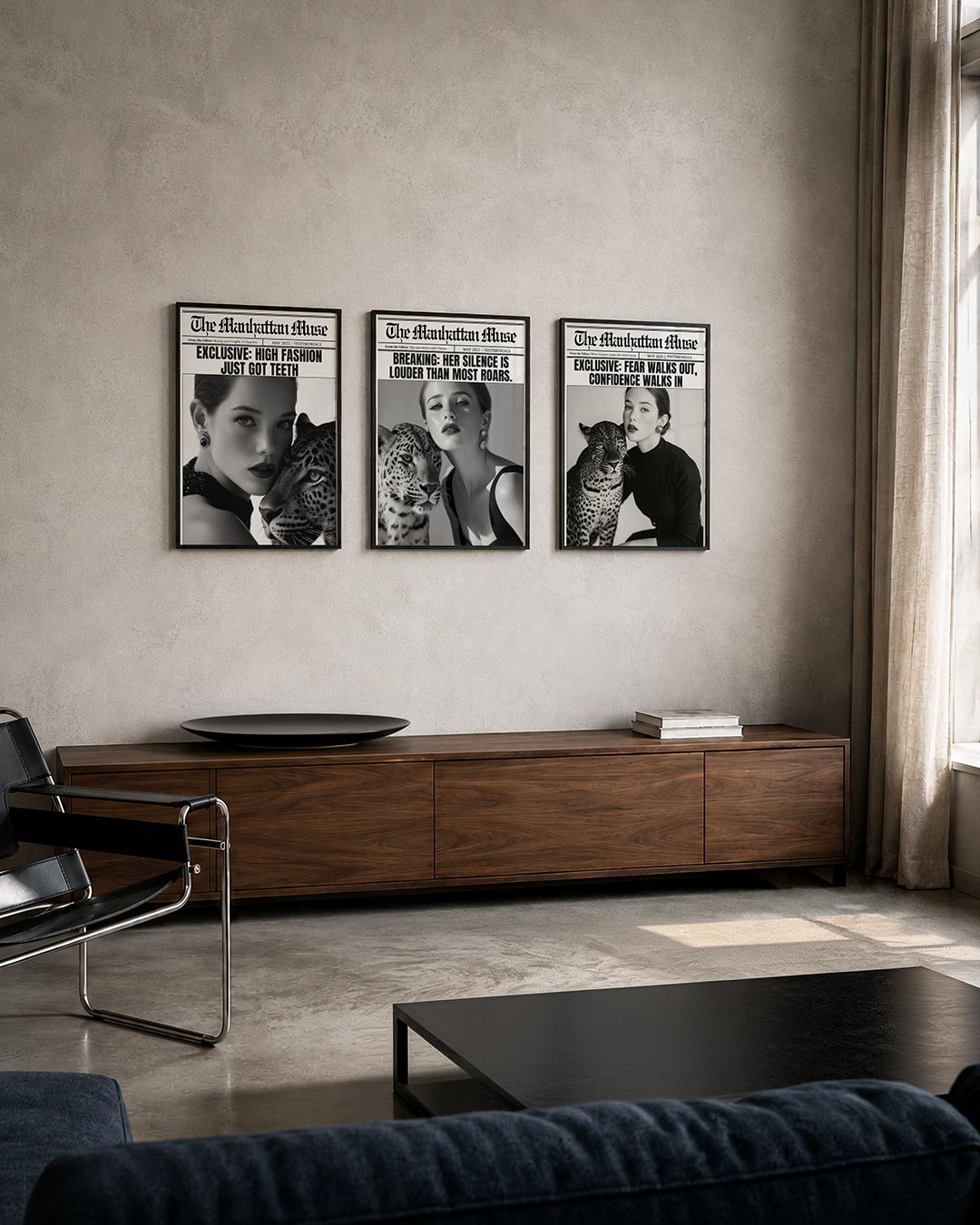 Zwart wit elegantie posterset – tweede productweergave – een krachtige zwart-wit compositie met een vrouw en een