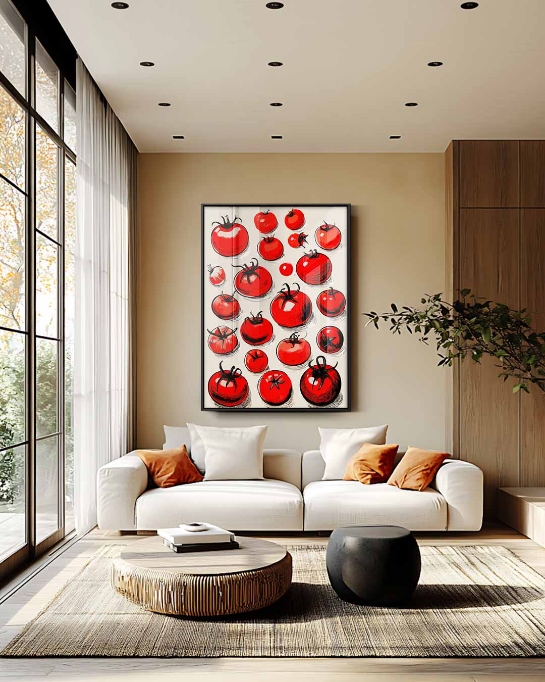 Speelse Tomatenprint – plexiglas wanddecoratie in portret formaat