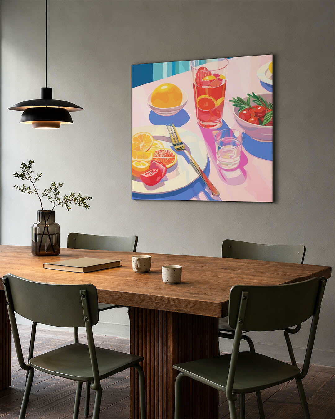 Levendige tafelsetting kunstwerk – tweede productweergave – dit toont een kleurrijke tafel met fruit en drankjes. Heldere