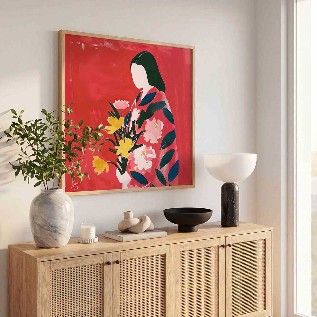 Vrouw met bloemen – illustratie poster in vierkant formaat
