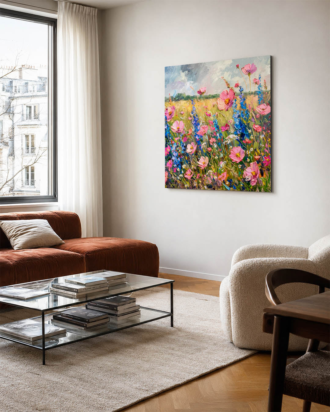 Bloemenweide schilderij kunstwerk – vierkante wanddecoratie – dit kunstwerk toont een levendige bloemenweide met roze en