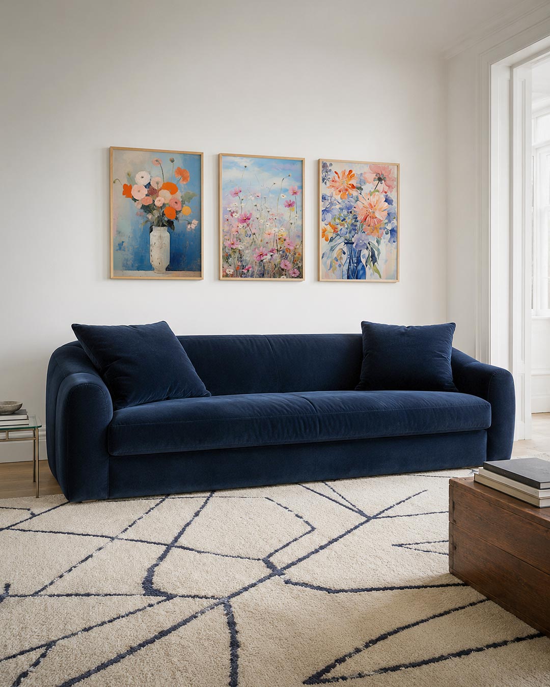 Bloemen en vaas driedelige posterset – een vaas met kleurrijke bloemen tegen een blauwe achtergrond