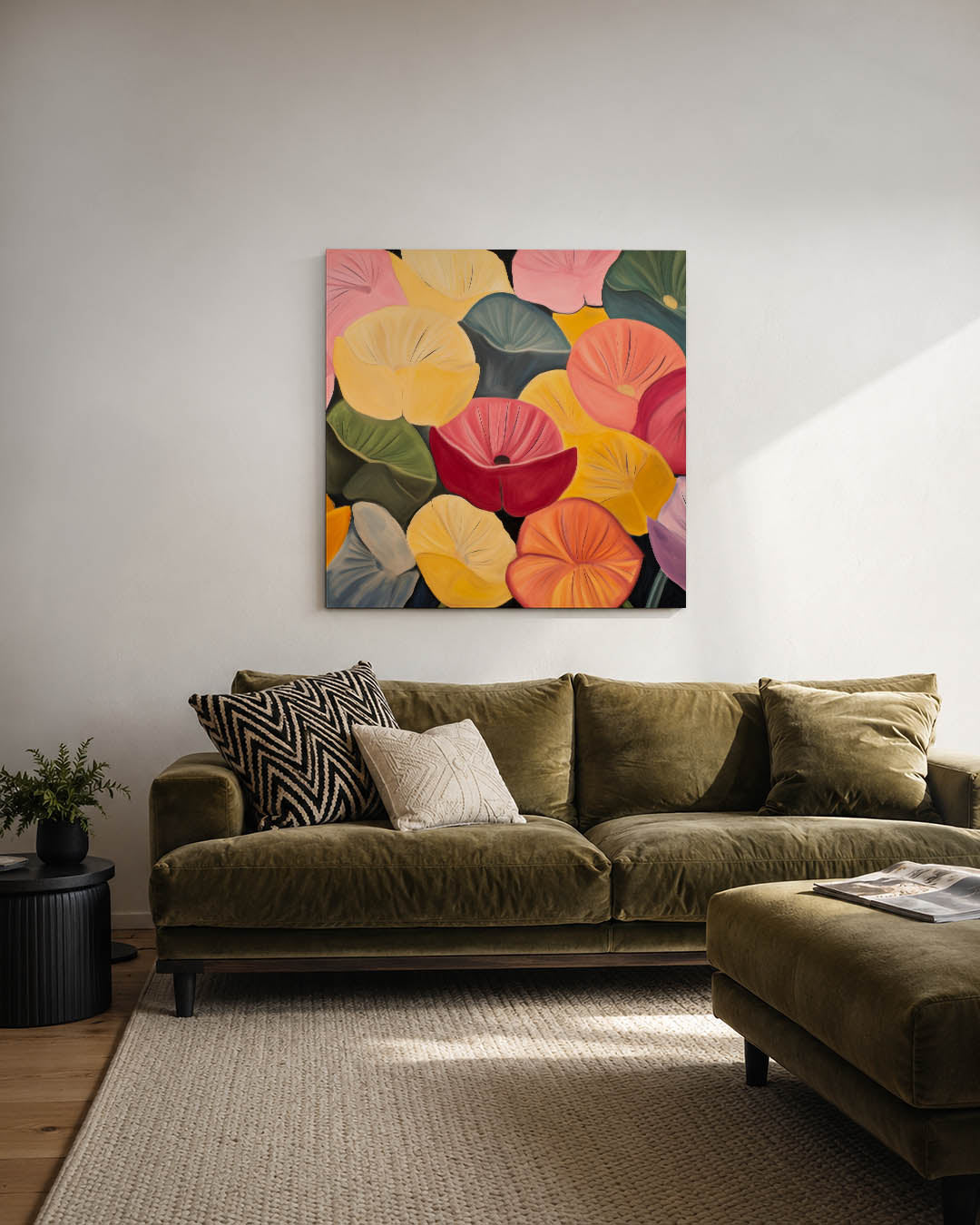 Kleurrijke bloemenvormen kunstwerk – derde productweergave – dit werk toont een levendige verzameling van overlappende