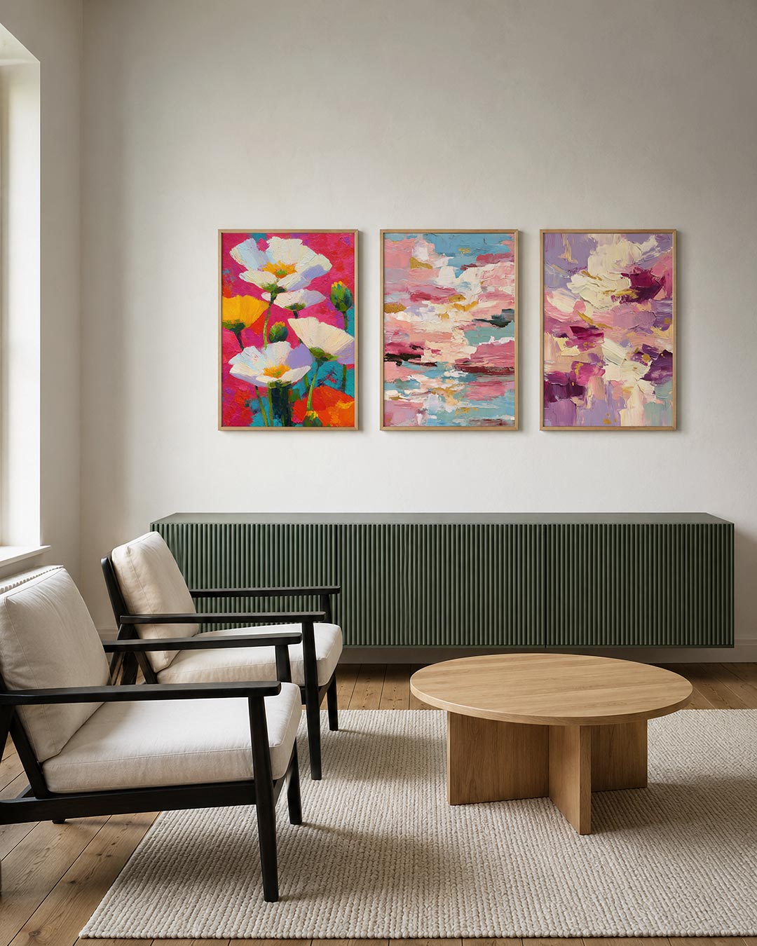 Bloemrijk kleurenspel posterset – tweede productweergave – deze levendige compositie toont witte en gele bloemen tegen