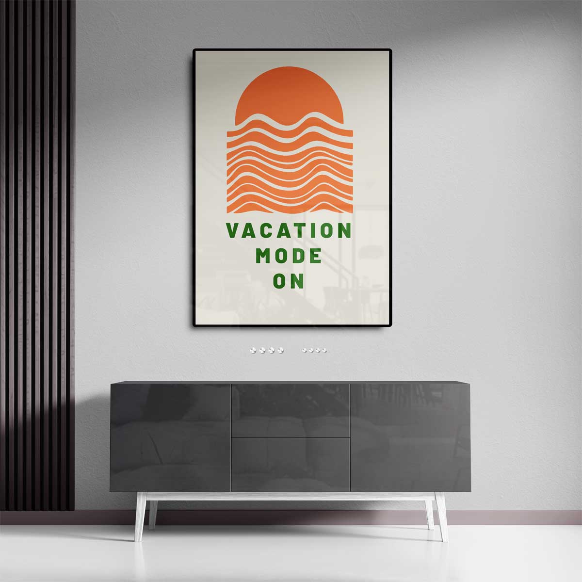 Vakantiemodus Aan – kunstwerk met zwarte baklijst