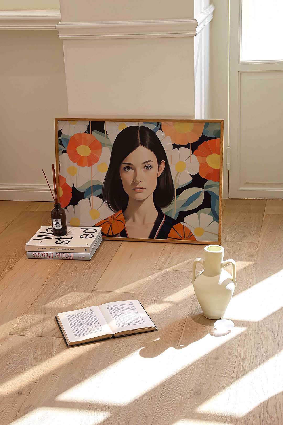 Vrouw met bloemen – liggende portret wanddecoratie van WallArtistic