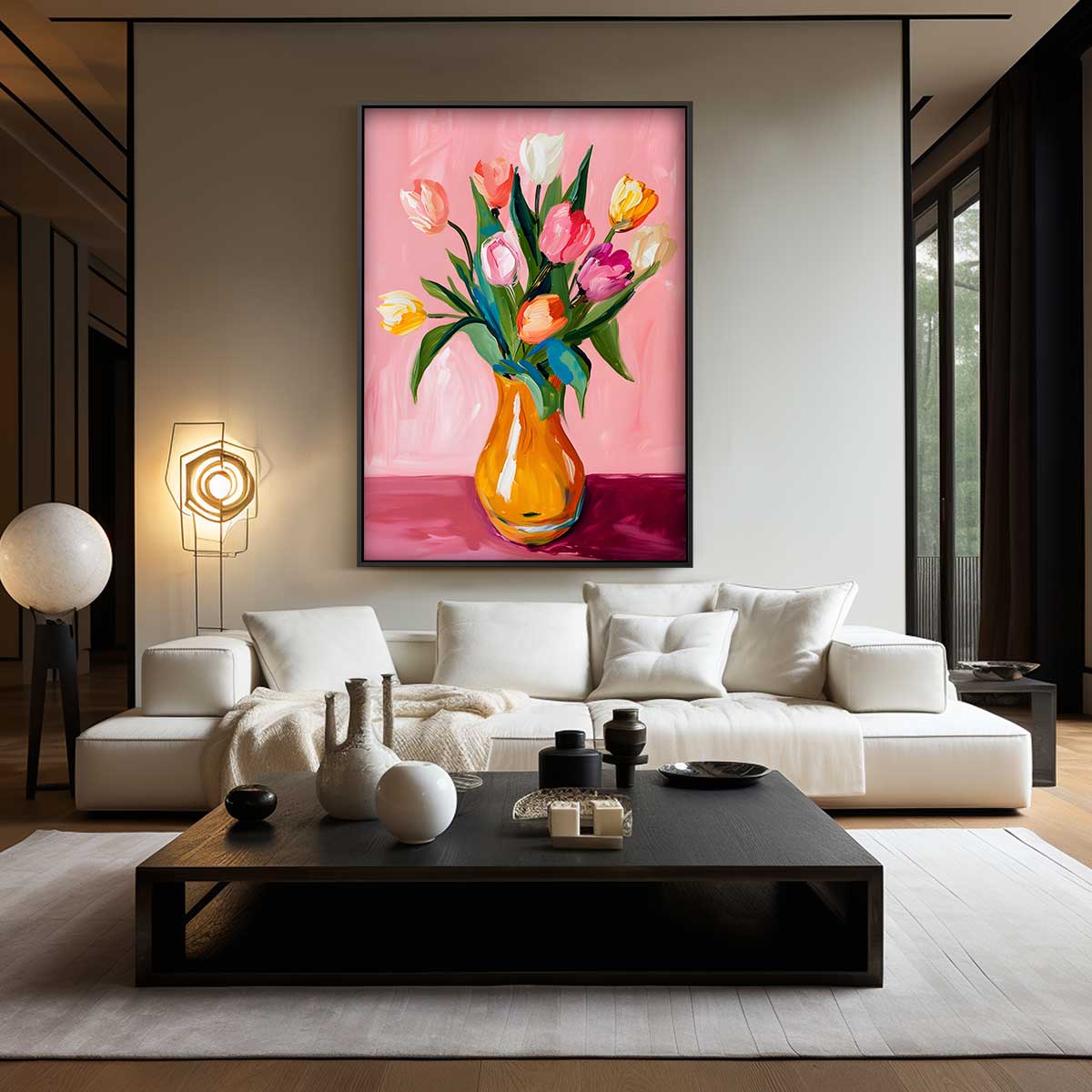 Vrolijk Tulpenboeket op Roze Achtergrond – canvas wanddecoratie in portret formaat