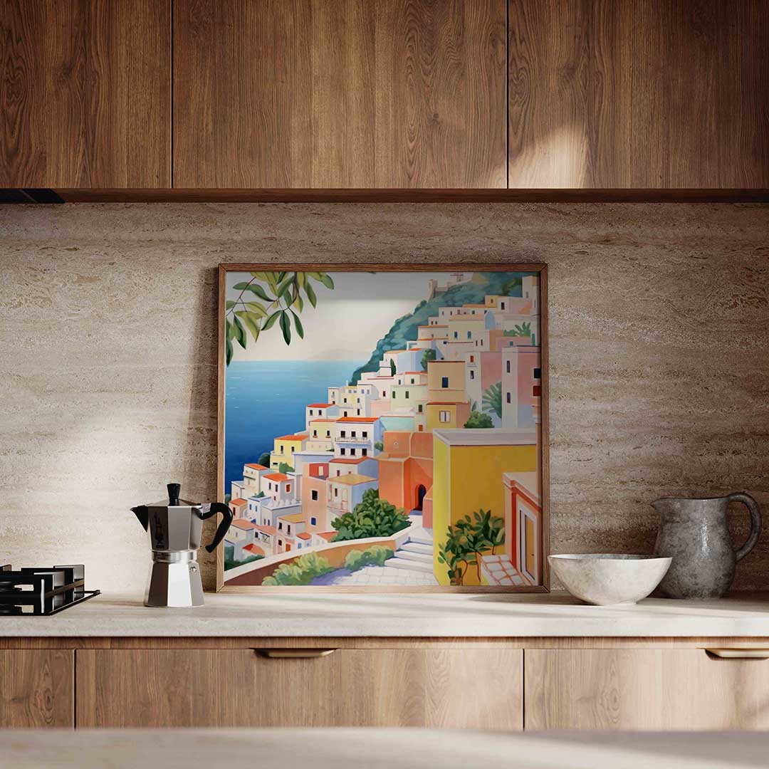 Gekleurde huizen aan zee – culinaire wandkunst als vierkante poster