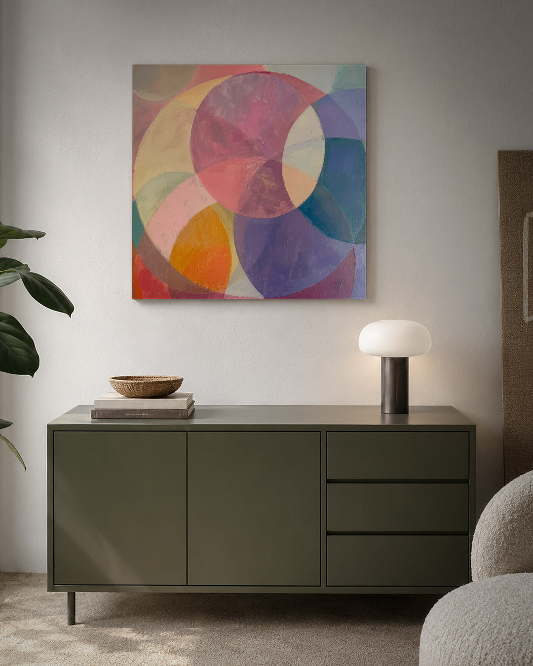 Kleurrijke cirkelvormen kunstwerk – detailweergave – dit werk toont een dynamische compositie van overlappende cirkels in