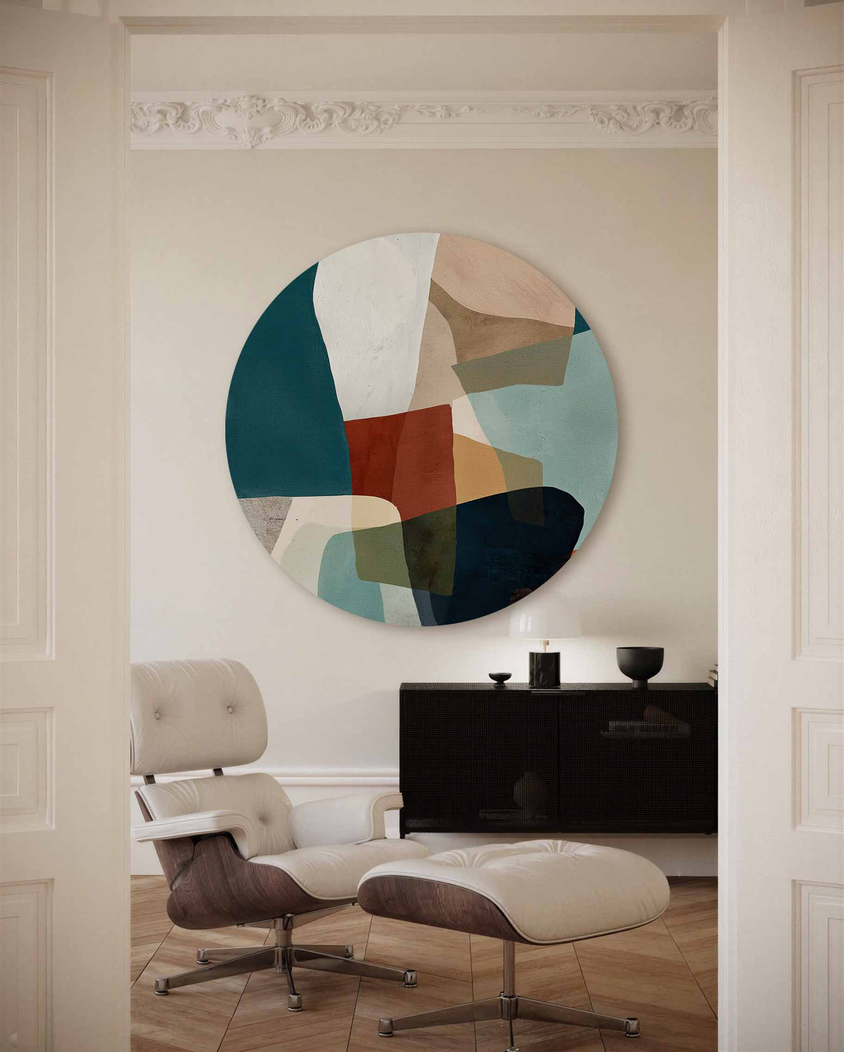 Abstracte vormen – portret muurcirkel als ronde muurdecoratie