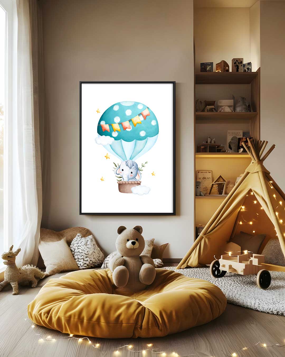 Dromerige Olifant in Luchtballon – staand kunstwerk voor modern interieur