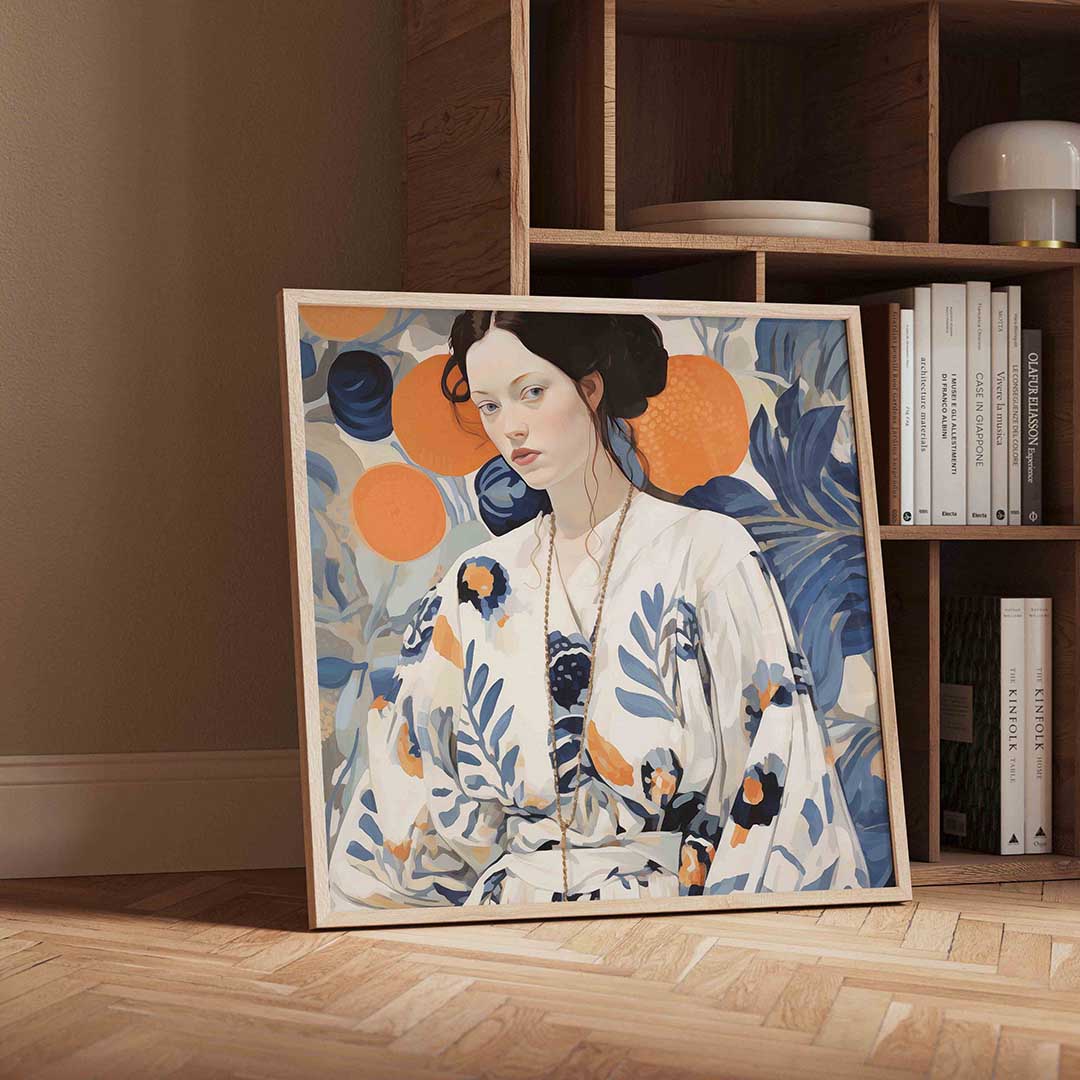 Vrouw met bloemenpatroon – moderne wandkunst als vierkante poster