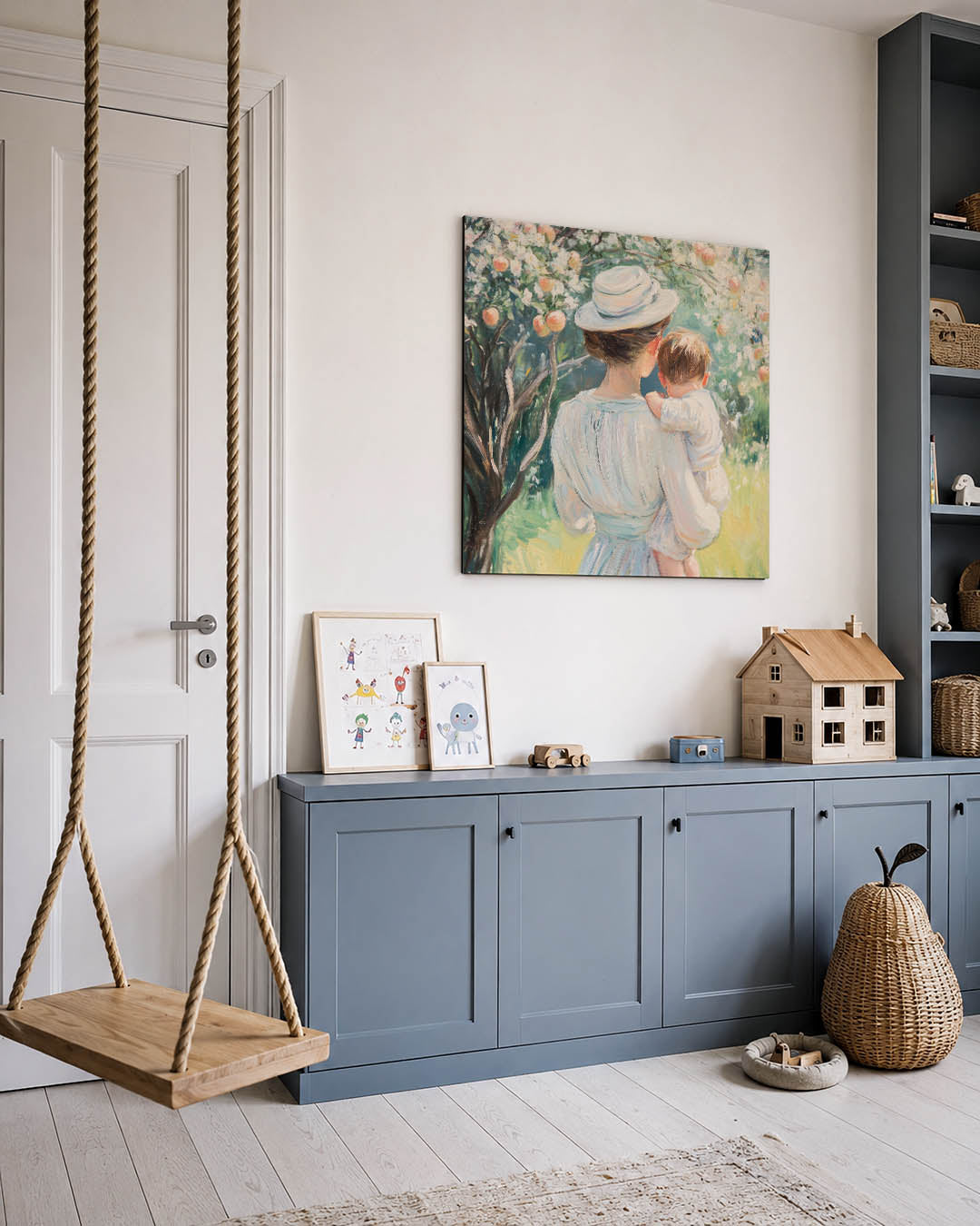 Moeder en kind kunstwerk – vierkante wanddecoratie – een vrouw met een hoed houdt een kind vast, omringd door bloeiende