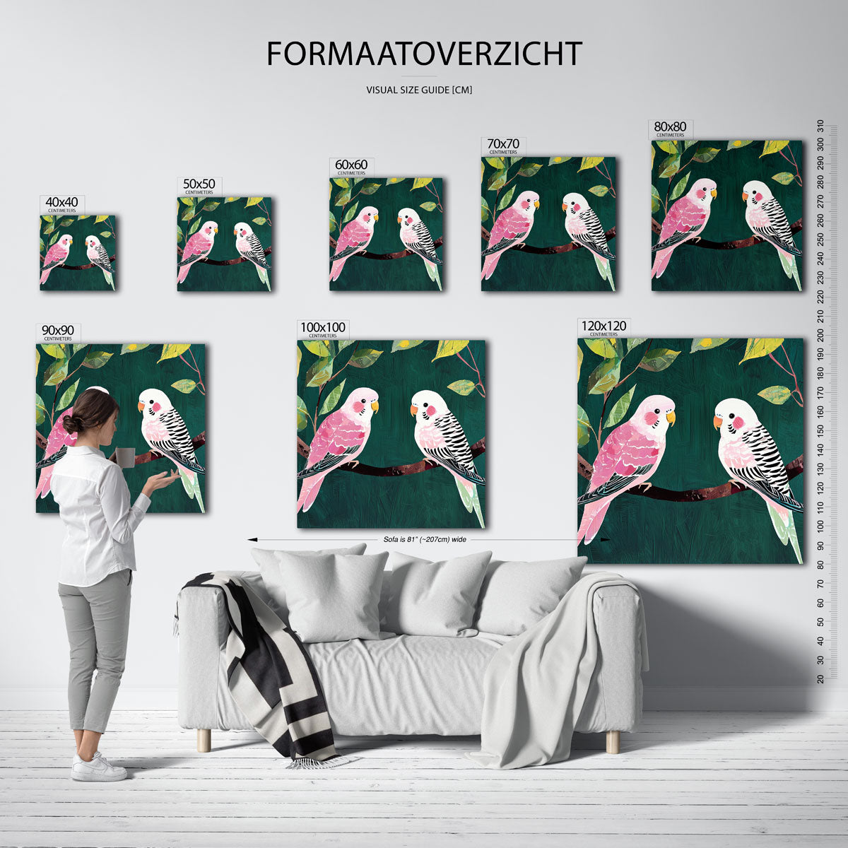 Twee parkieten – vierkante muurposter met dierenthema