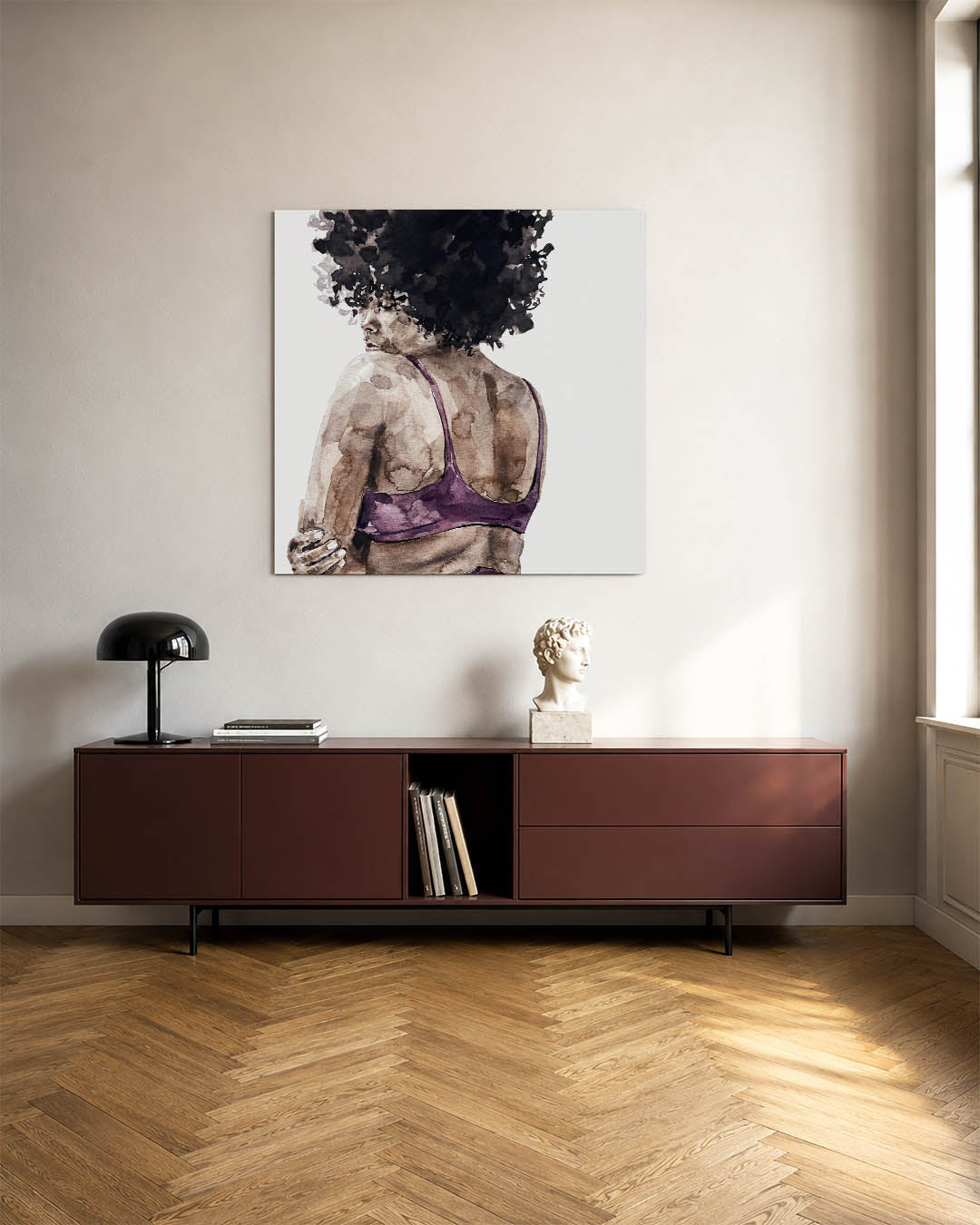 Vrouwelijke silhouet kunstwerk – tweede productweergave – dit kunstwerk toont een vrouw van achteren, met een focus op haar