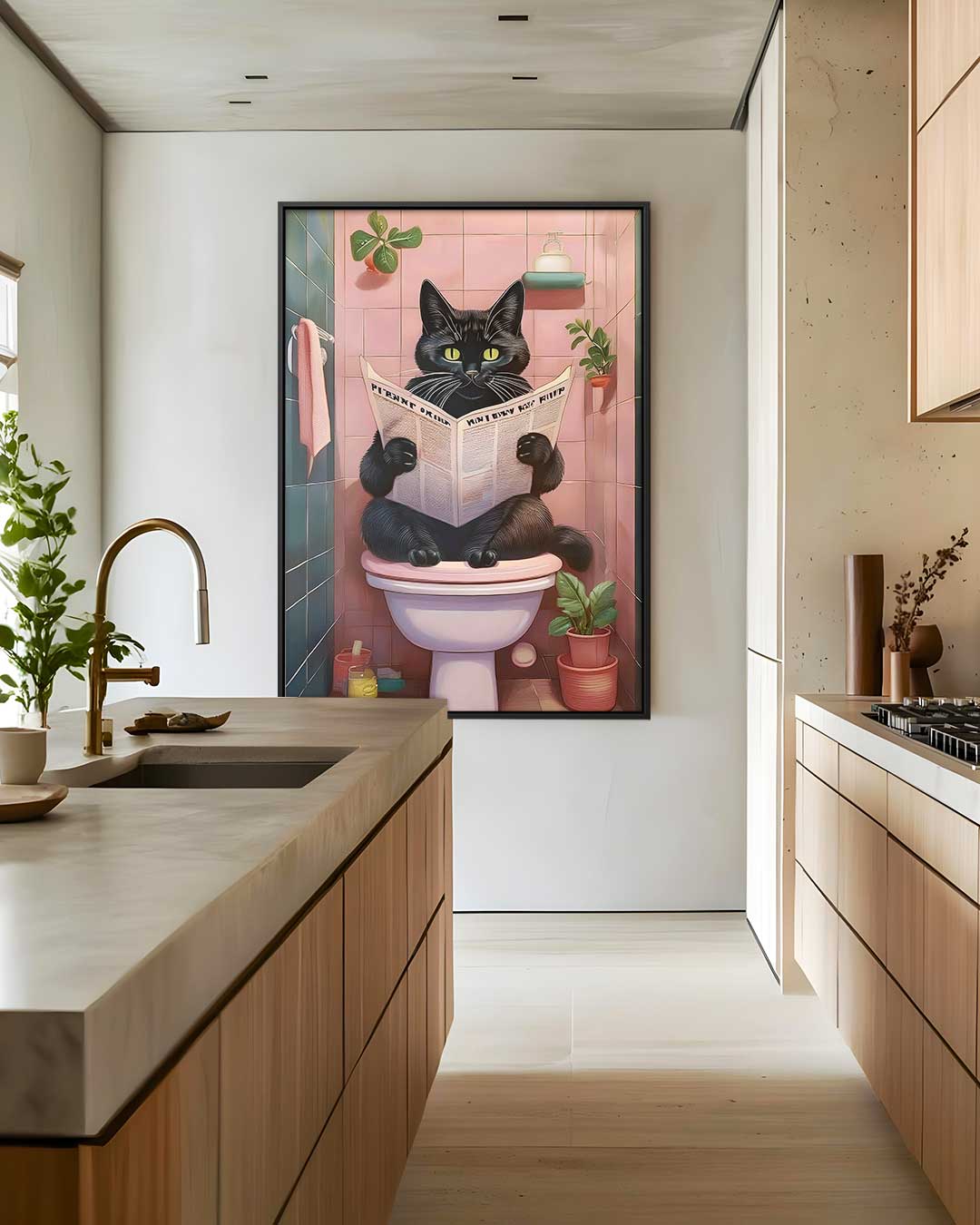 Kat Met Krant in de Badkamer – modern portret kunstwerk van WallArtistic