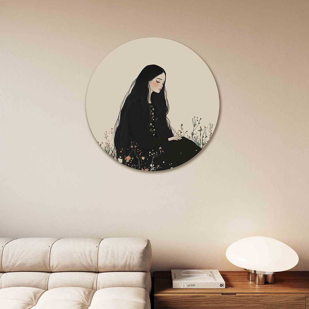 Vrouw in bloemenveld – moderne abstracte muurcirkel voor aan de muur