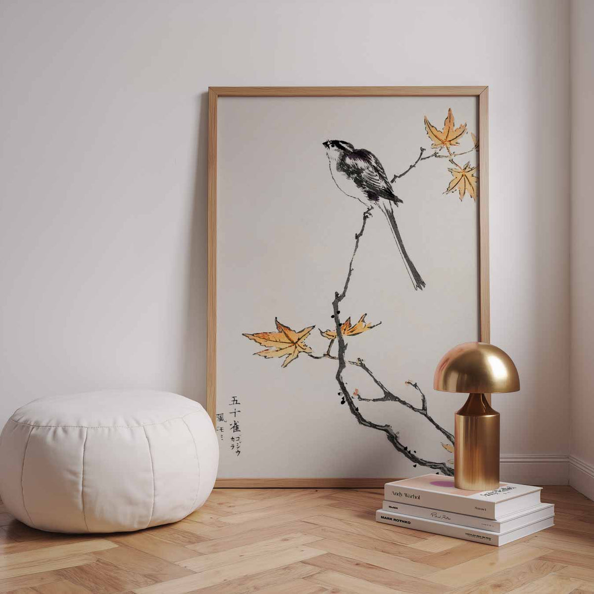 Rustieke Vogel op Herfsttak – speelse wandkunst als portret kinderposter