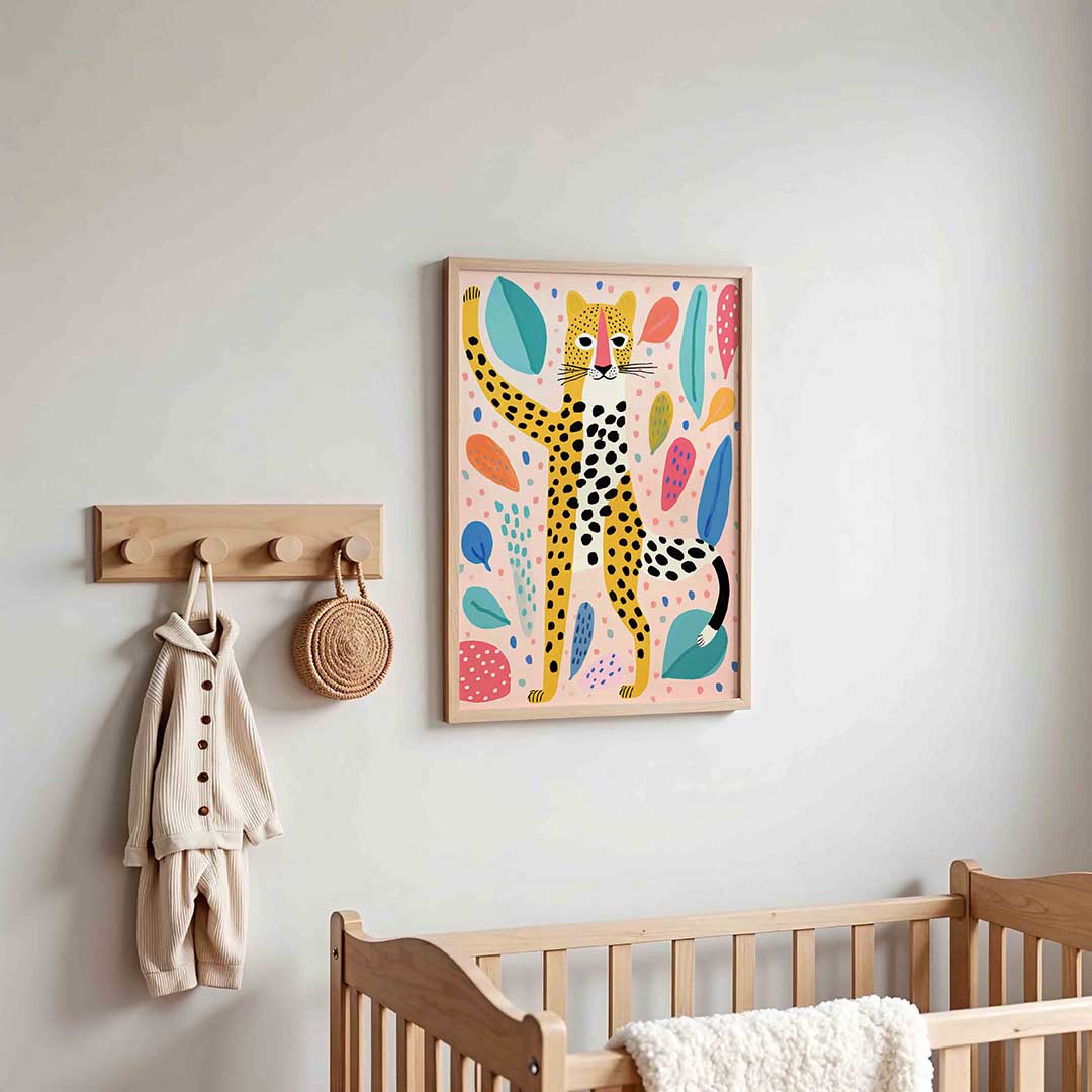 Luipaard met bladeren – kinderposter in staand formaat