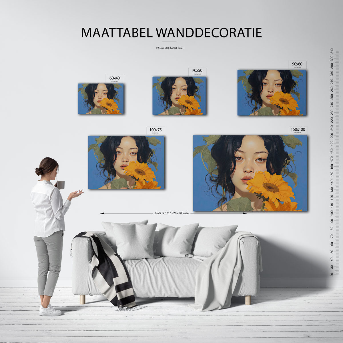 Vrouw met zonnebloemen – moderne liggende wanddecoratie