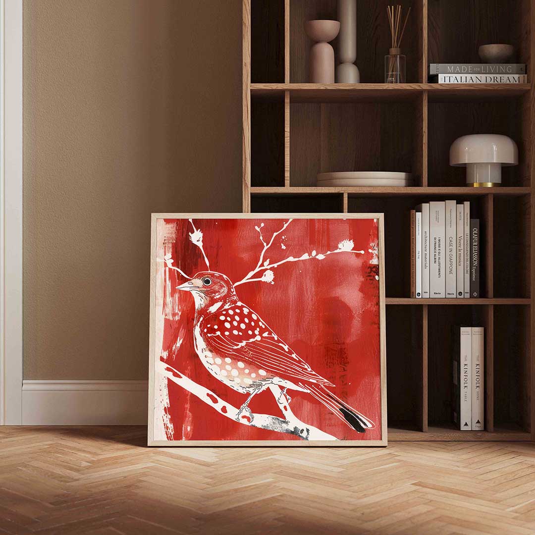 Vogel op tak – kleurrijke vierkante wanddecoratie van WallArtistic