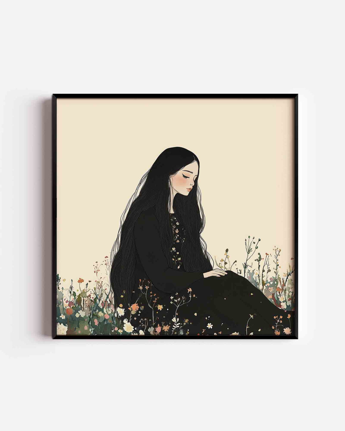 Zittende vrouw in bloemenveld – moderne vierkante poster als wanddecoratie
