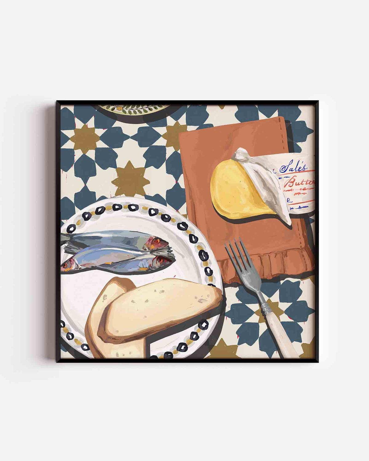 Ontbijt met vis en brood – keuken vierkante poster als wanddecoratie