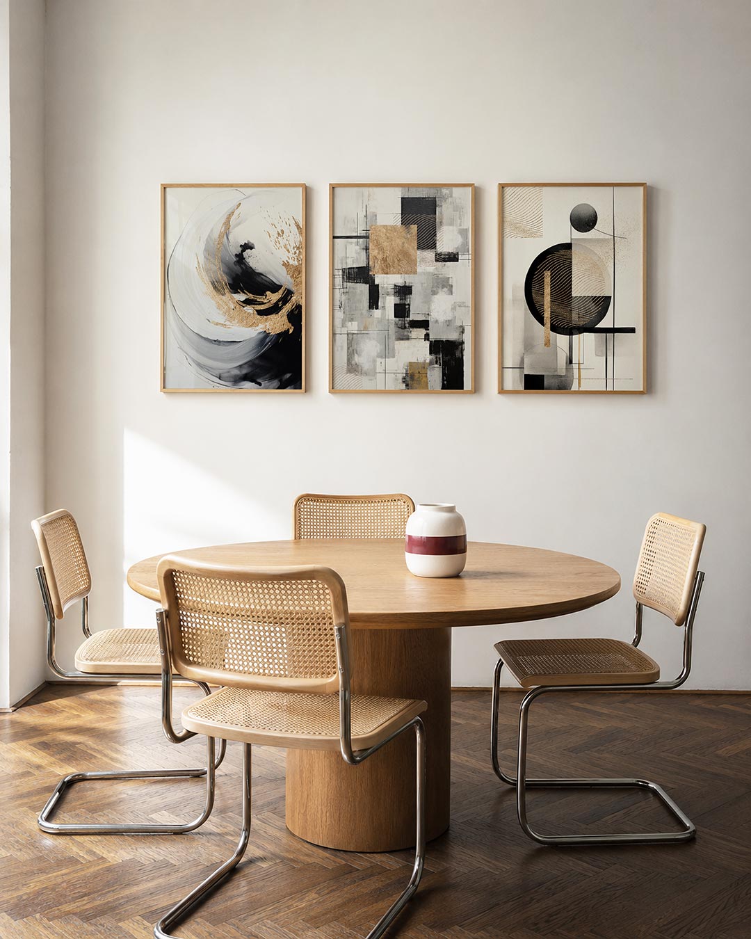 Gouden vortex driedelige posterset in interieur