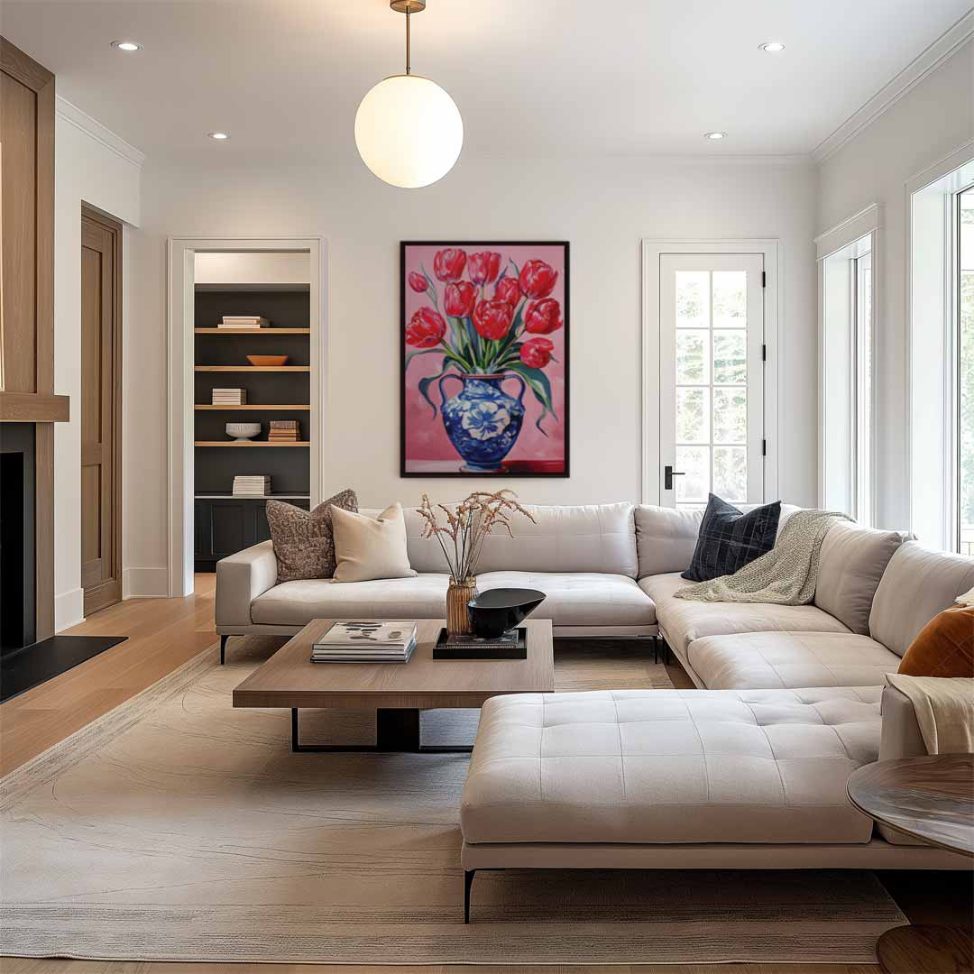 Rode tulpen in blauwe vaas – kunstwerk met zwarte baklijst