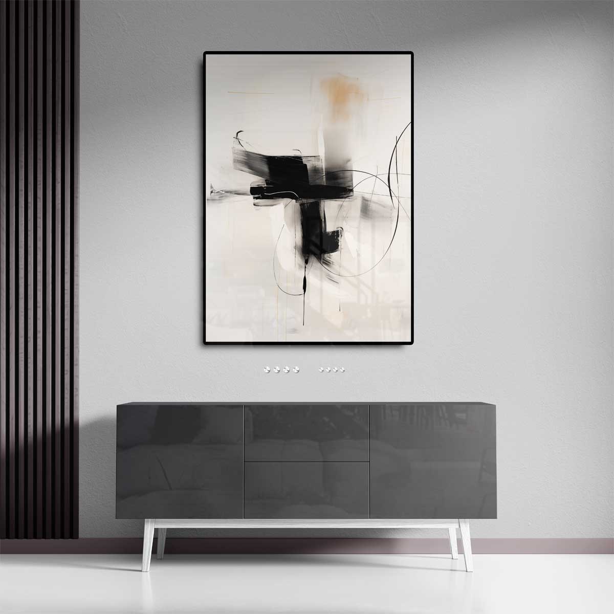 Dynamisch Abstract Zwart-Wit Schilderij – staand kunstwerk voor modern interieur