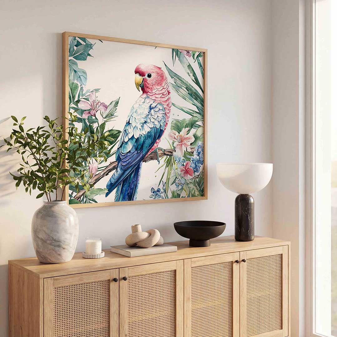 Papegaai en bloemen – vierkante jungle wanddecoratie van WallArtistic