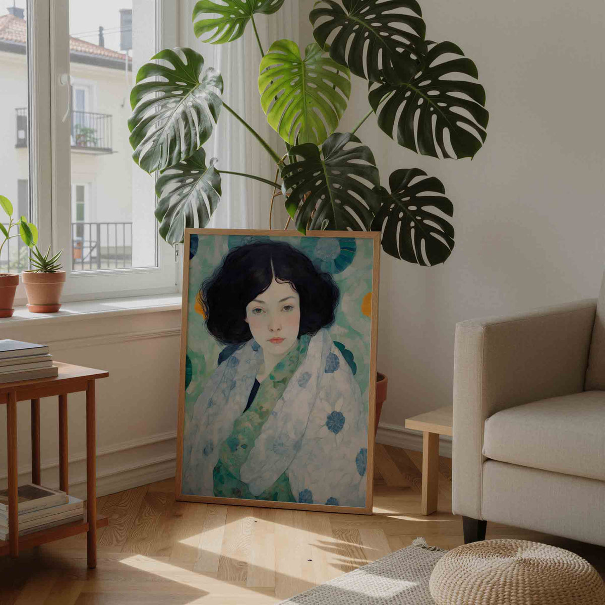 Vrouw met bloemenpatroon – moderne wandkunst als portret poster