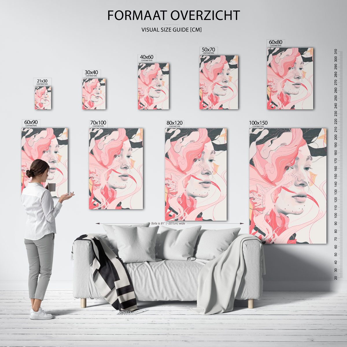 Vrouwelijk gezicht met roze lijnen – staande muurposter met kunst en design