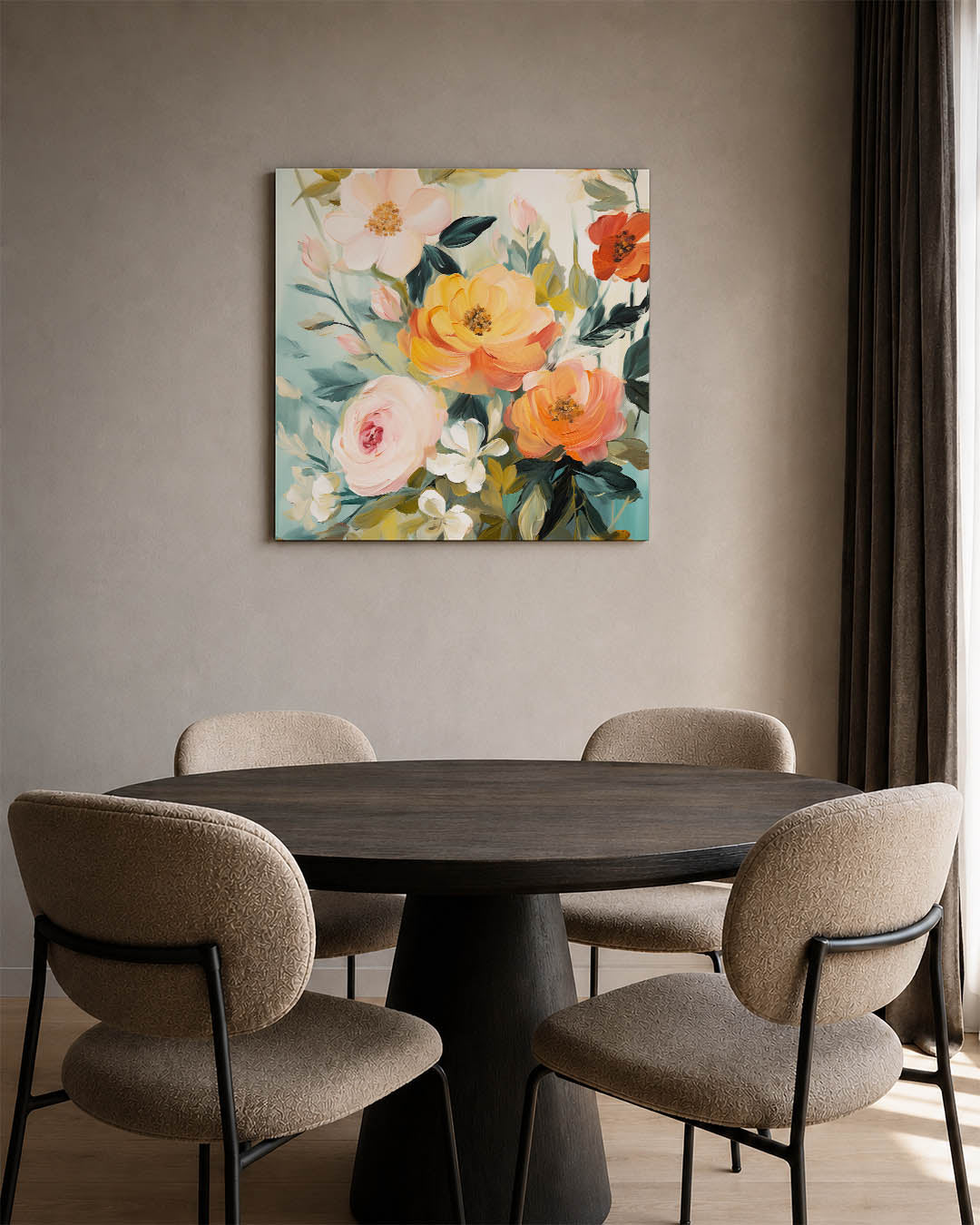 Bloemrijke compositie kunstwerk – derde productweergave – dit kunstwerk toont een levendige verzameling bloemen in zachte en