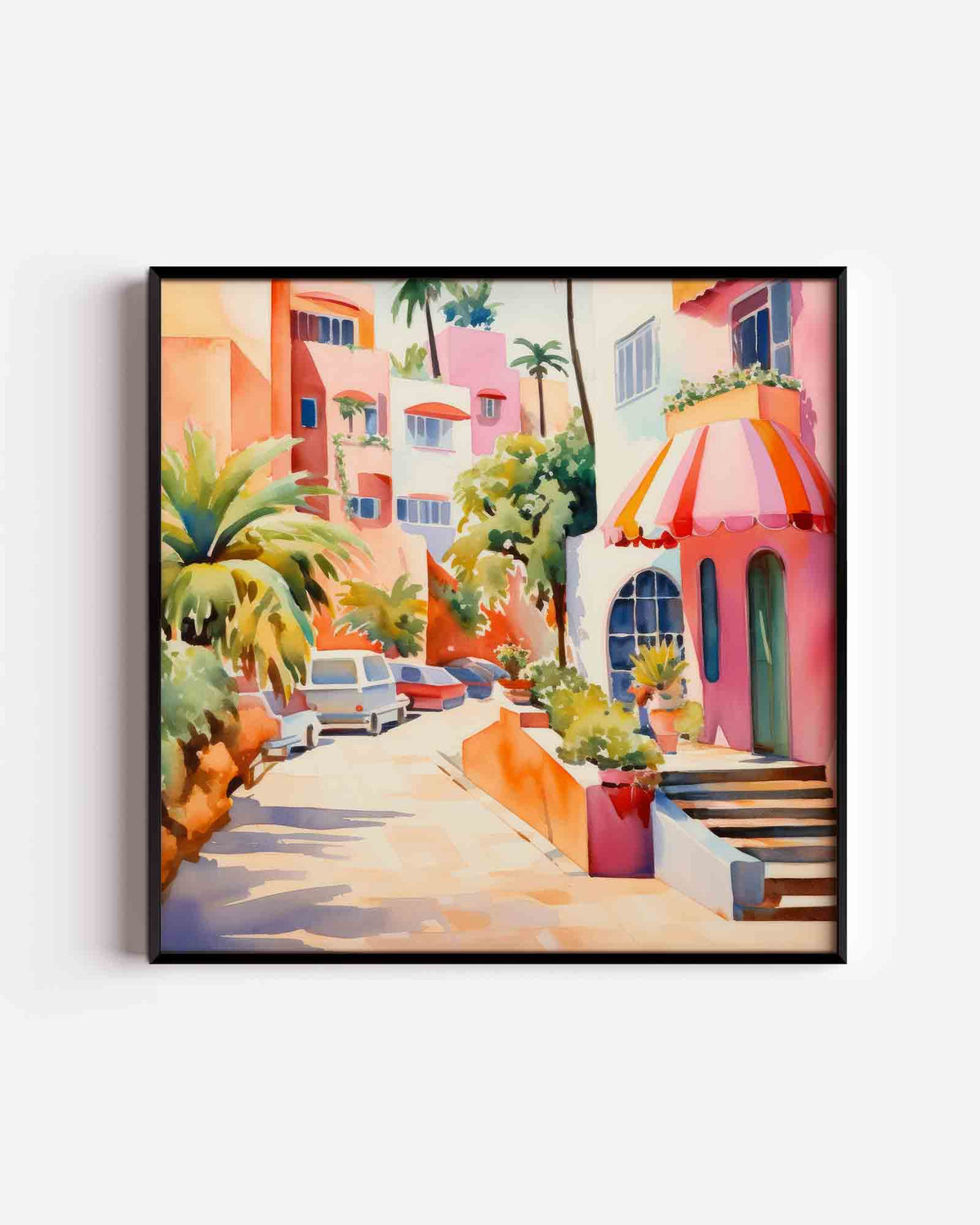 Zonnige straat met palmbomen – keuken vierkante poster als wanddecoratie