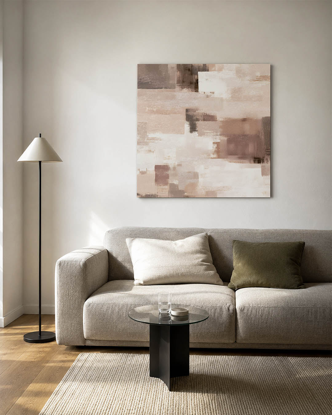 Zachte aardetinten compositie kunstwerk – vierkante wanddecoratie – dit werk toont een harmonie van rechthoekige vormen in