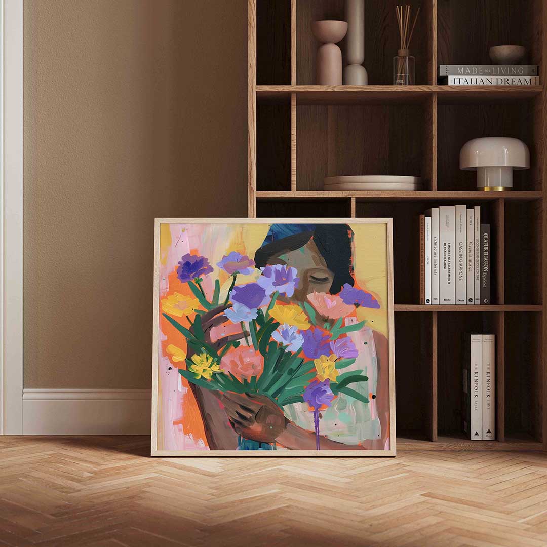 Bloemen en vrouw – portret poster in vierkant formaat