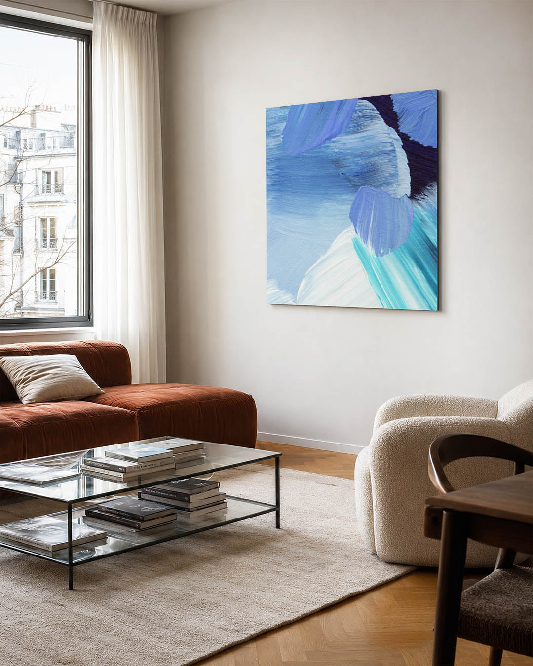 Kleurencompositie kunstwerk – vierkante wanddecoratie – dit werk toont een levendige mix van blauwe en turquoise