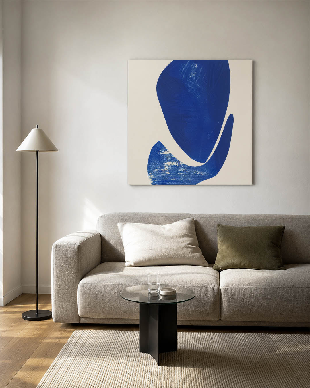 Organische blauwe vormen kunstwerk – vierkante wanddecoratie – dit kunstwerk toont vloeiende, organische vormen in diep blauw