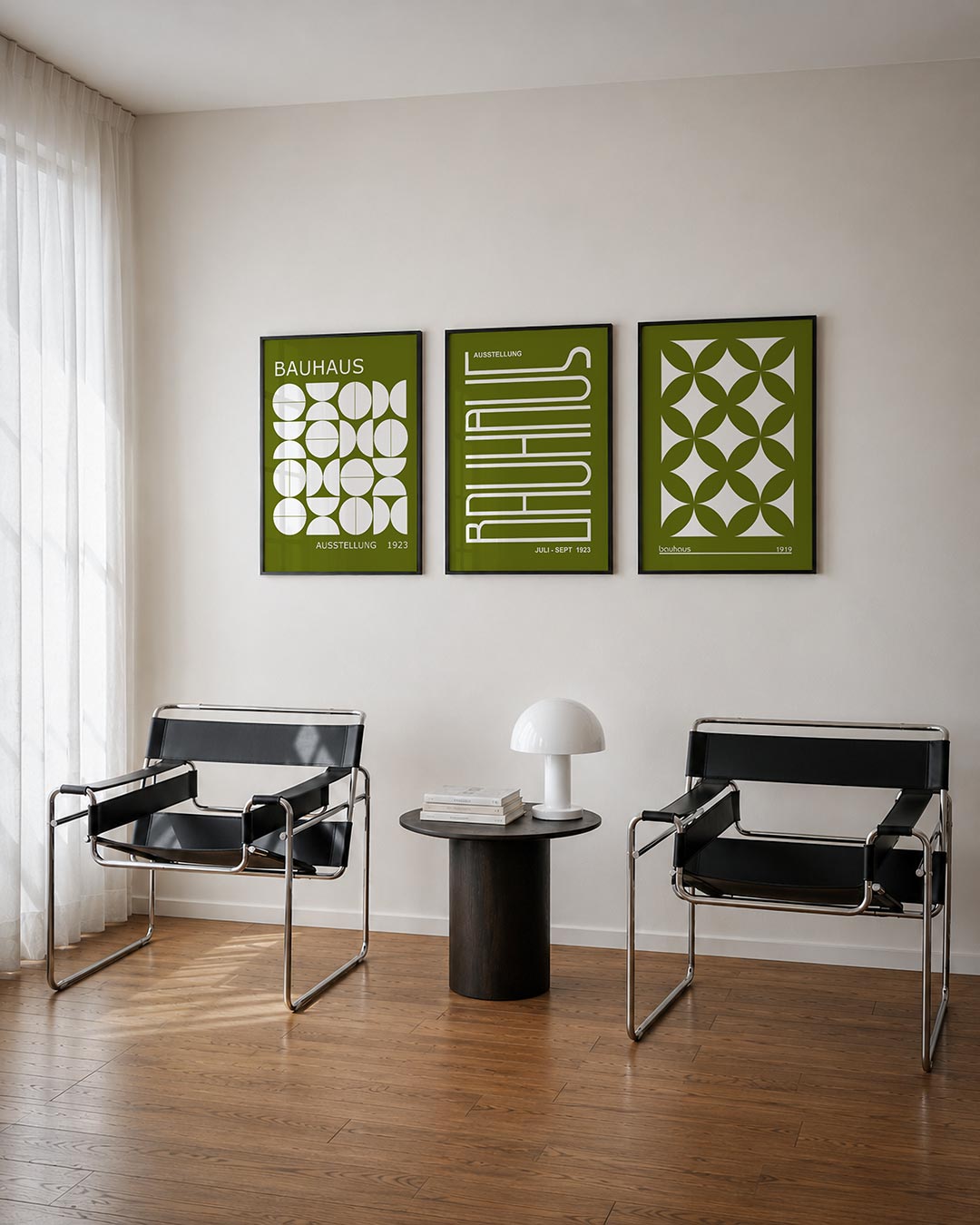 Vormen en vlakken driedelige posterset – deze posterset in drie delen toont een ritmisch spel van witte cirkels en halve