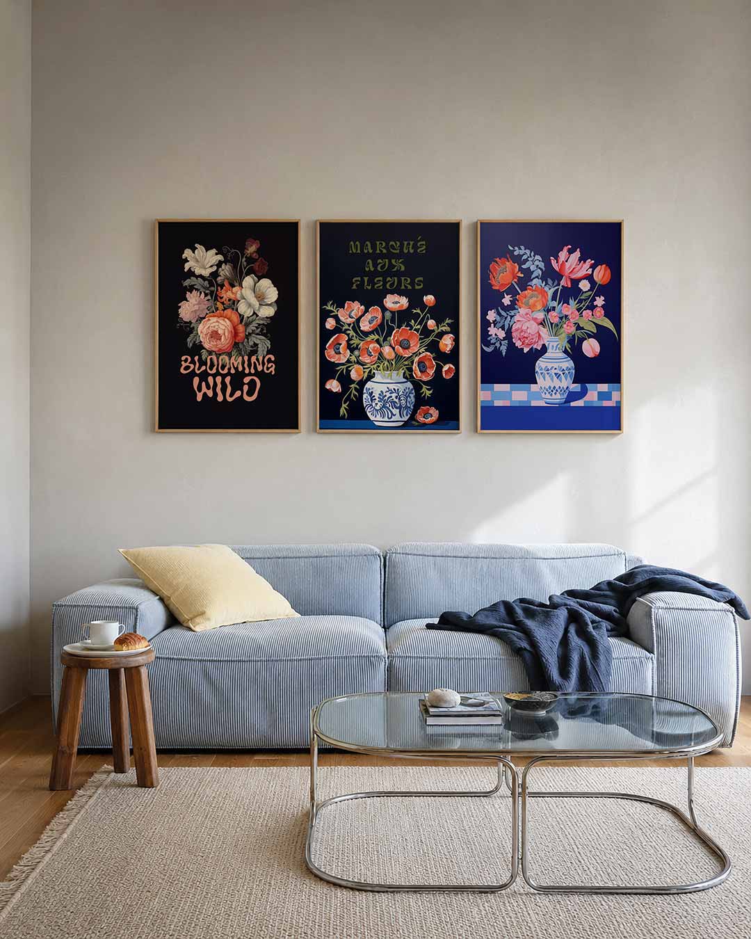 Bloemenpracht posterset – tweede productweergave – een weelderige bloemencompositie op een donkere achtergrond