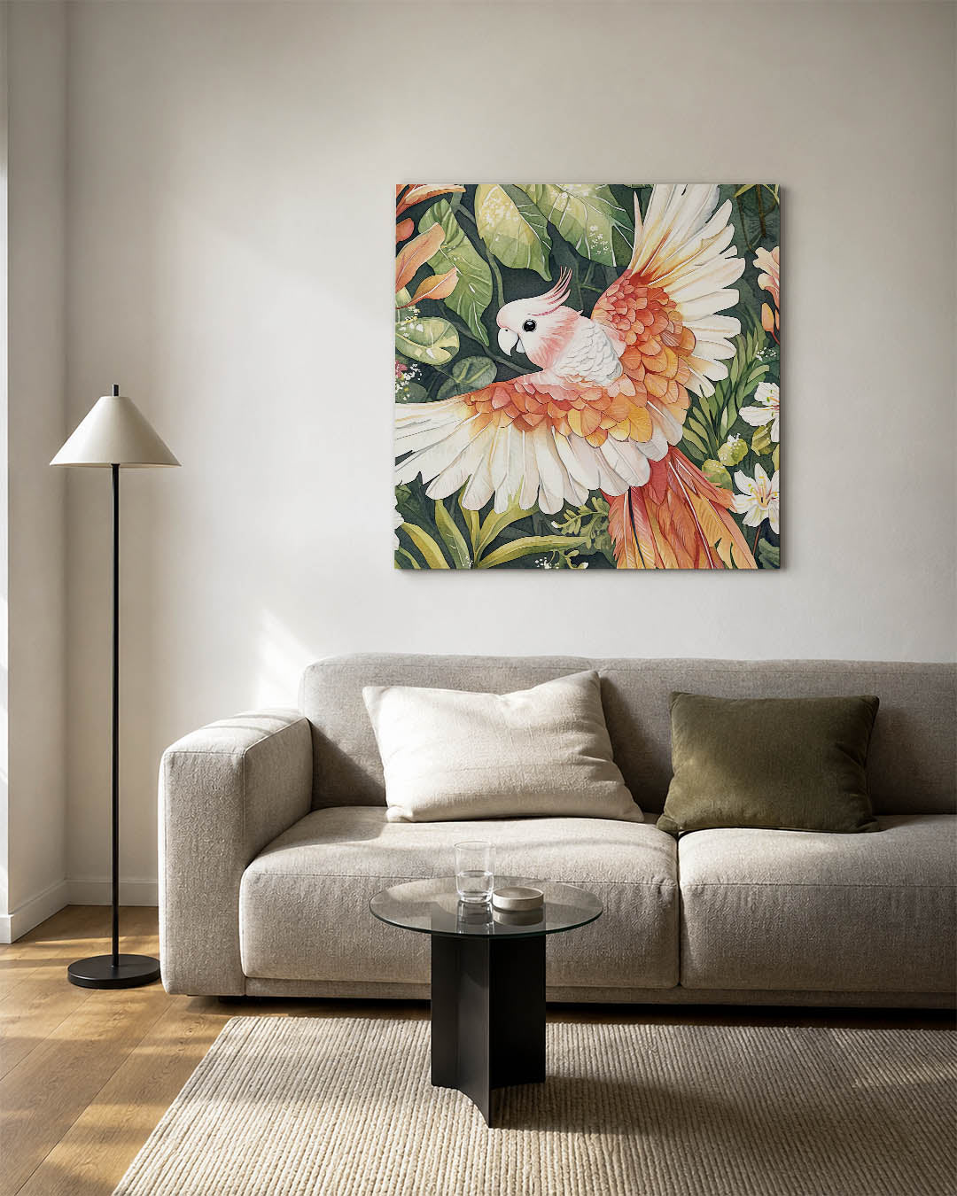 Vliegende papegaai kunstwerk – detailweergave – dit kunstwerk toont een kleurrijke papegaai met uitgestrekte vleugels