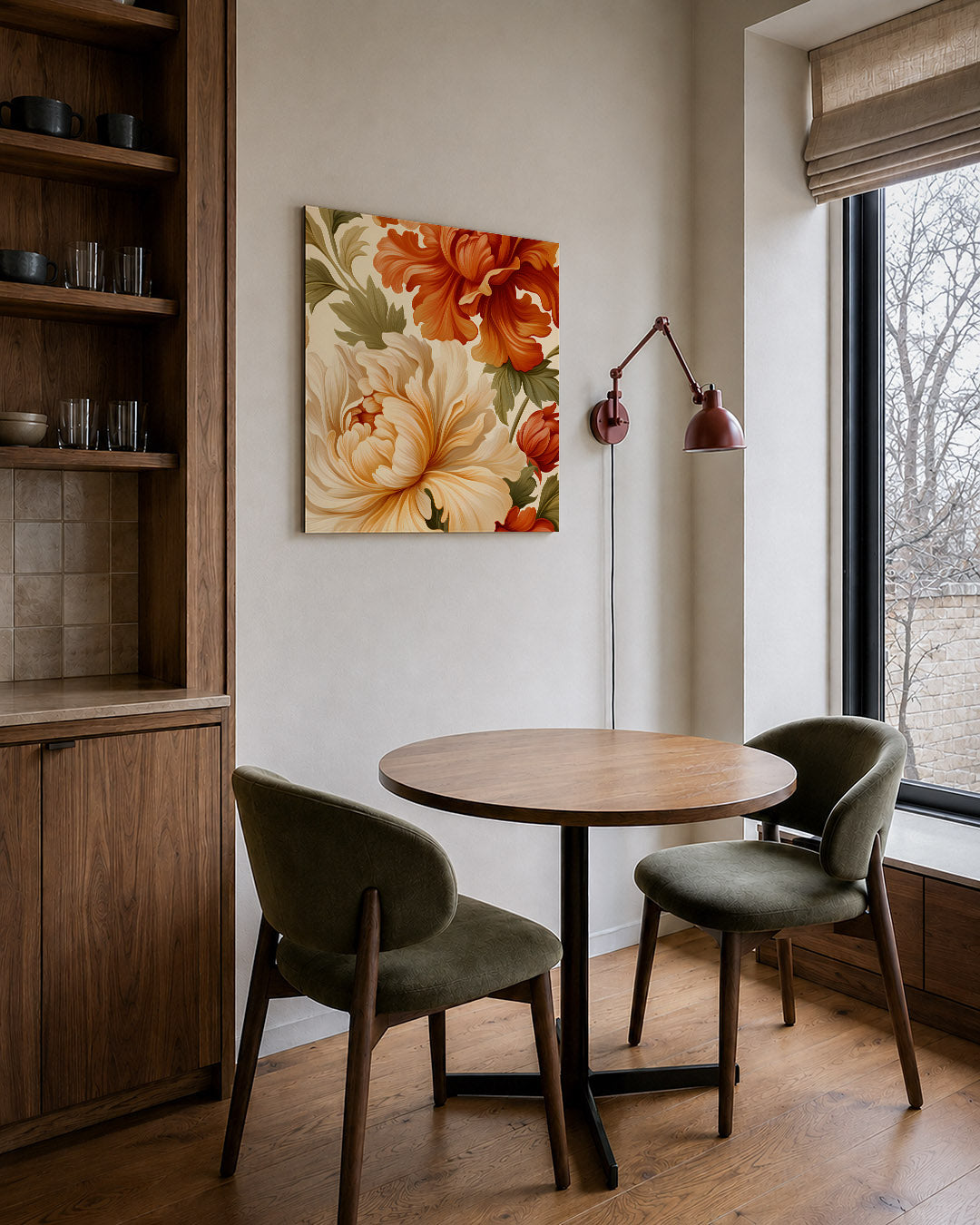 Bloemrijke compositie kunstwerk – derde productweergave – dit kunstwerk toont weelderige bloemen in warme tinten. De