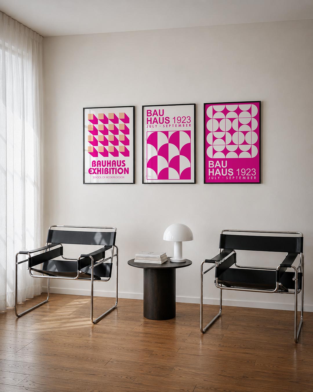 Vorm en schaduw posterset – tweede productweergave – deze posterset in drie delen toont een ritmisch patroon van roze en