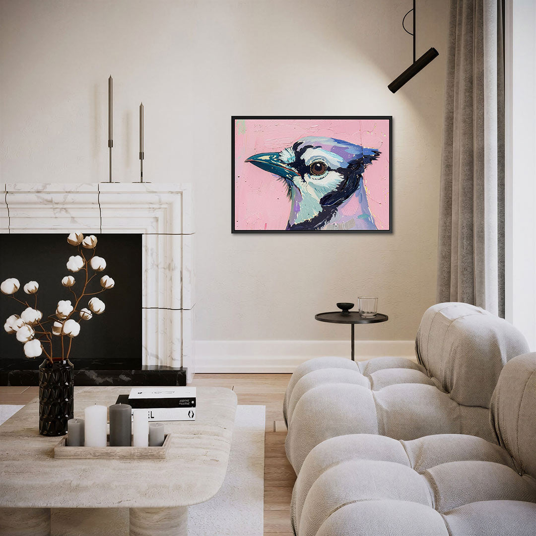 Vogelhoofd op roze – liggende wanddecoratie