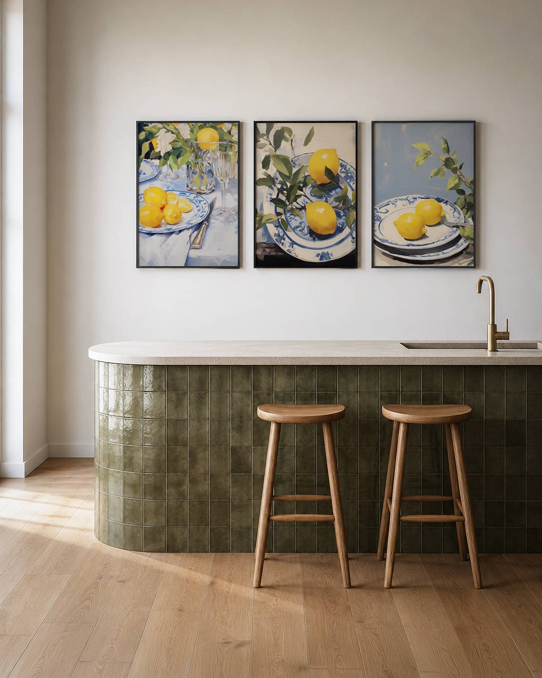 Citroen en glas posterset – tweede productweergave – heldere gele citroenen op een blauw-wit bord, omringd door